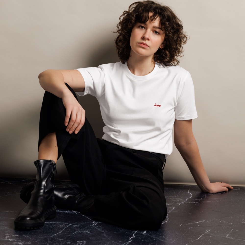 White 'Love' Embroidered Crew Tee